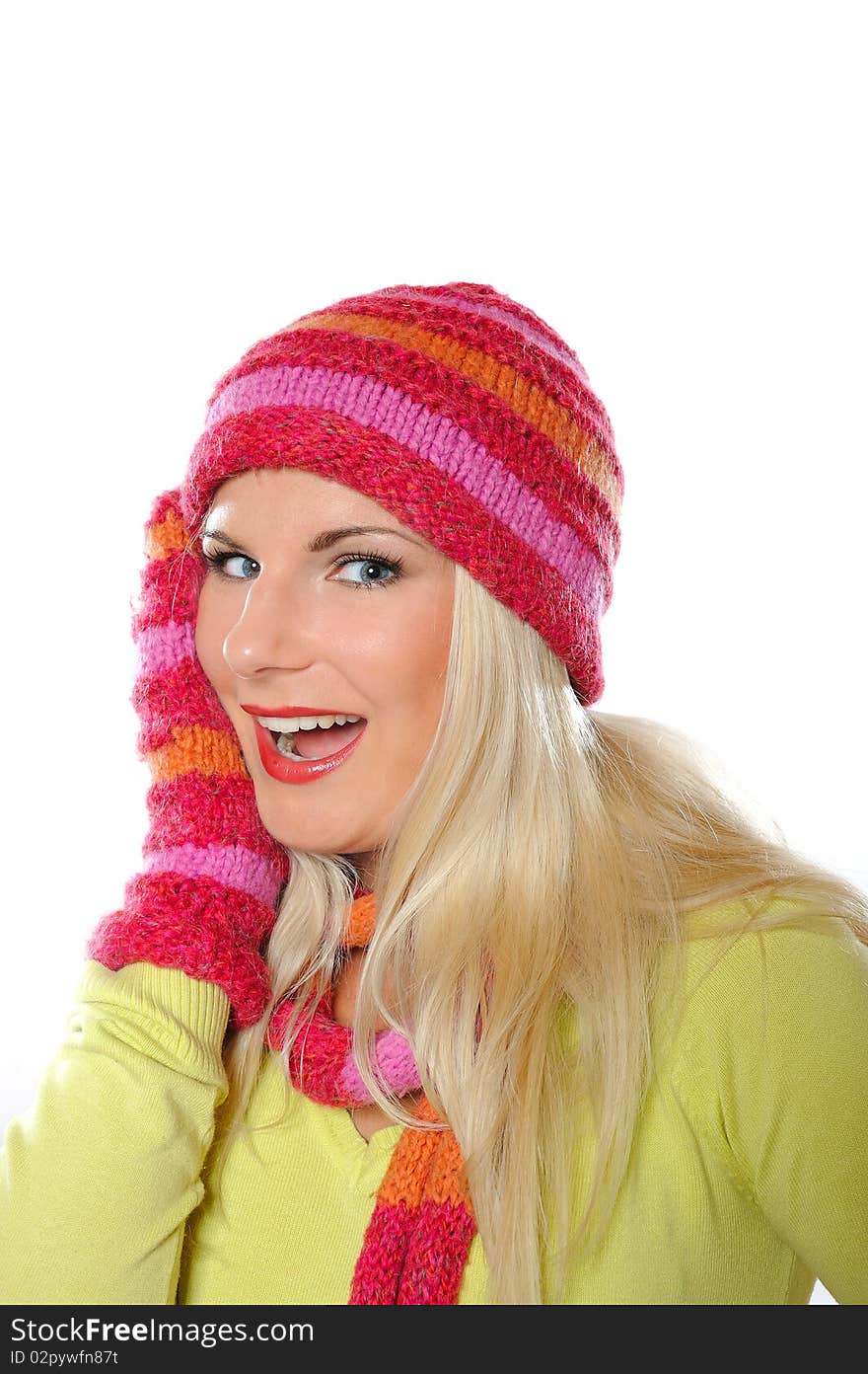 Pretty Funny Winter Woman In Hat And Gloves