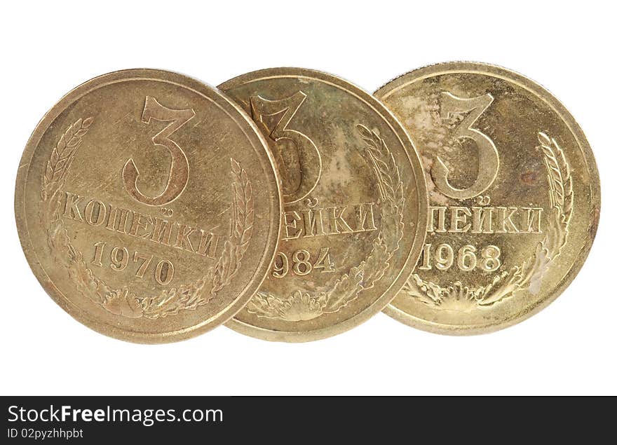 Three copper russian coins on white background