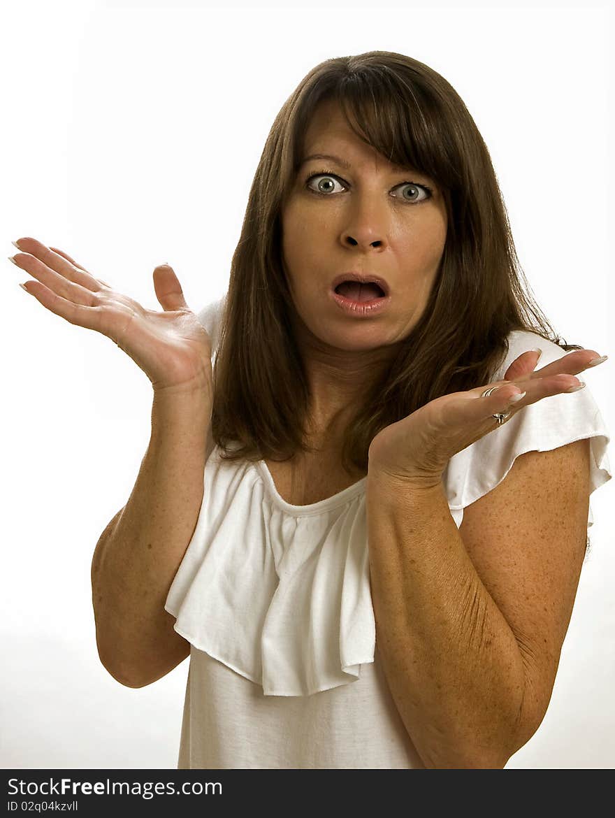 Middle age woman gesturing that she is surprised