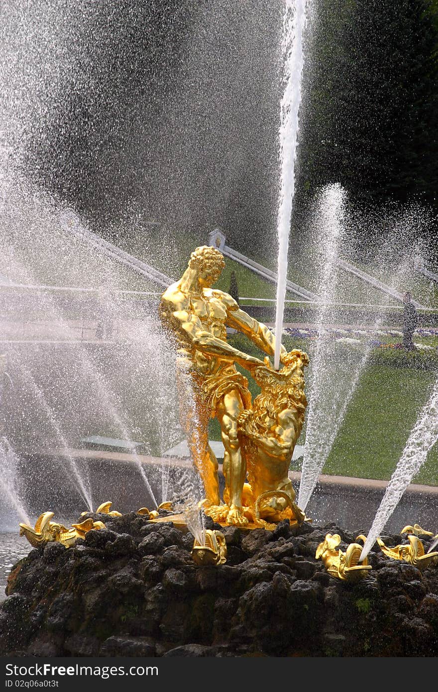 Samson and Lion fountain in Peterhof, Saint-Petersburg, Russia