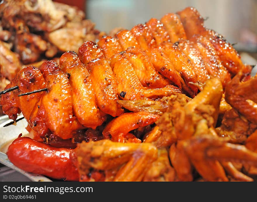 Chinese market sells roasted chicken wings