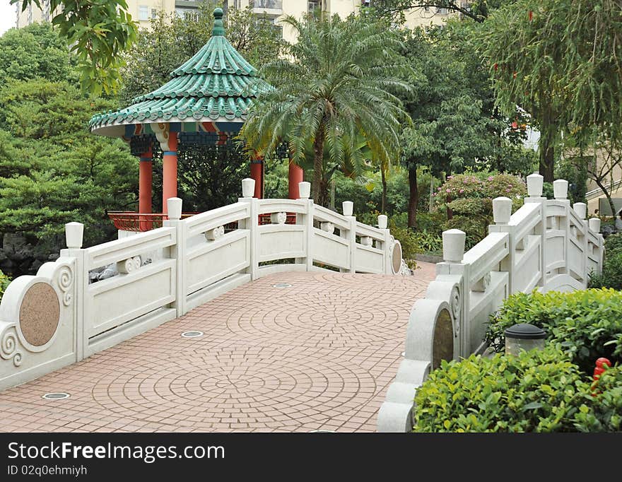 Chinese garden bridge and pavilion