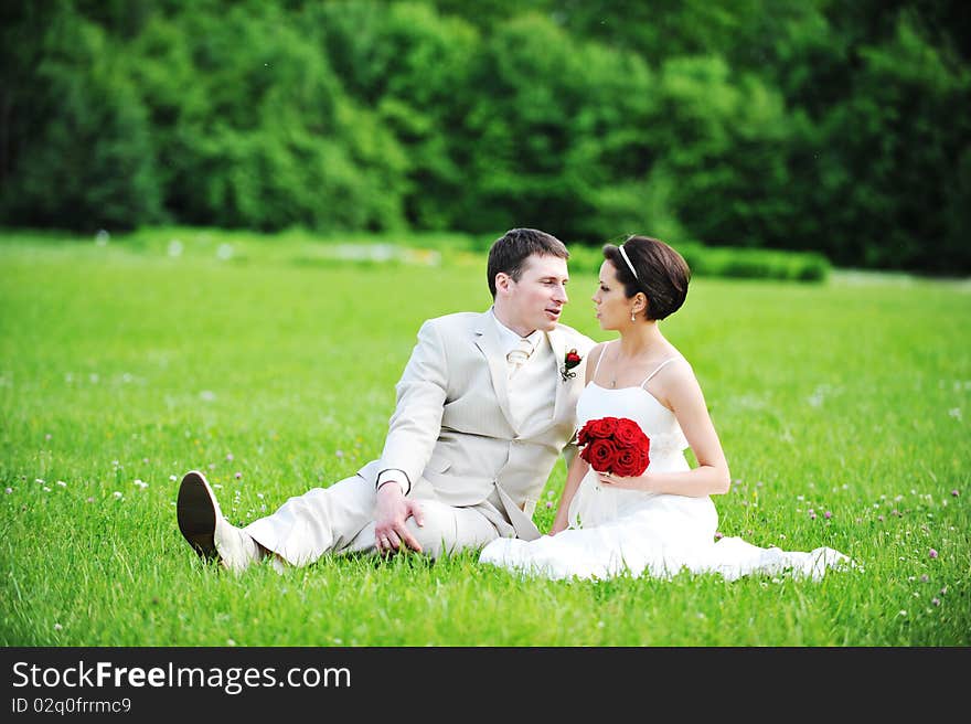 Newly-married couple sit on  green grass in  field. Newly-married couple sit on  green grass in  field