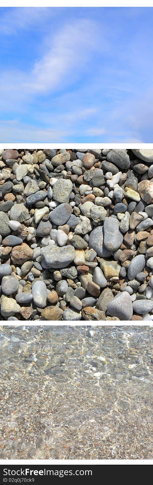 Collage with the sea water,sky and stones