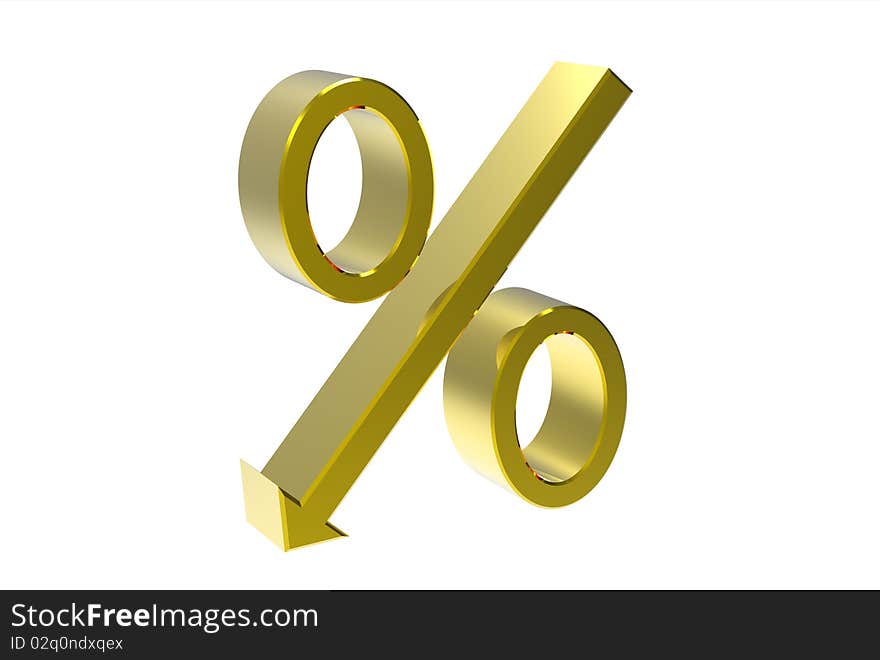 Golden percentage symbol with an arrow down isolated on white 3d render