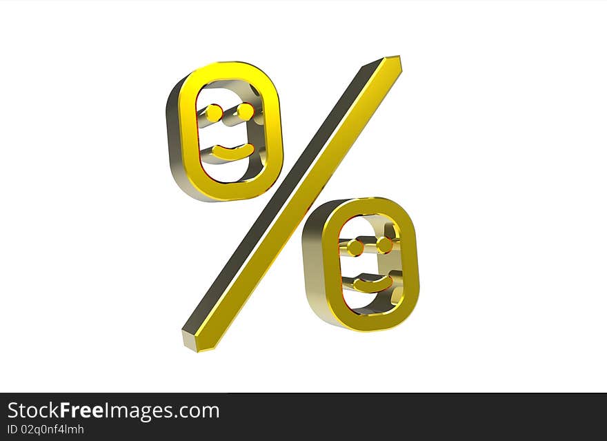 Golden percentage symbol with smile isolated on white 3d render