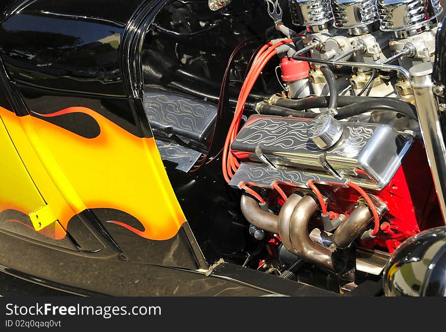 Automotive Hot Rod Engine Custom Rebuilt in Local Car Show