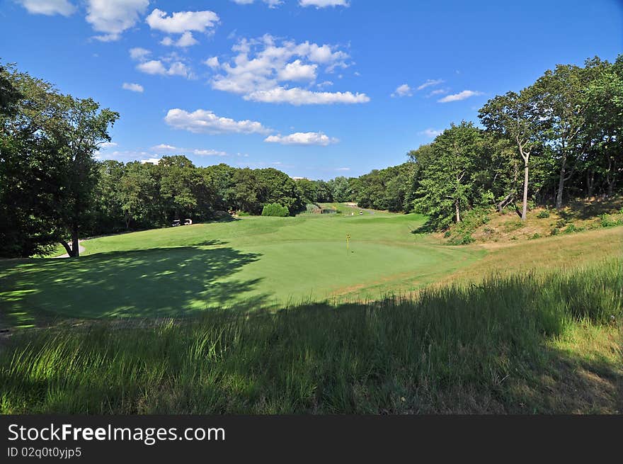 A golf green in mid summer sitting in partial shade. A golf green in mid summer sitting in partial shade