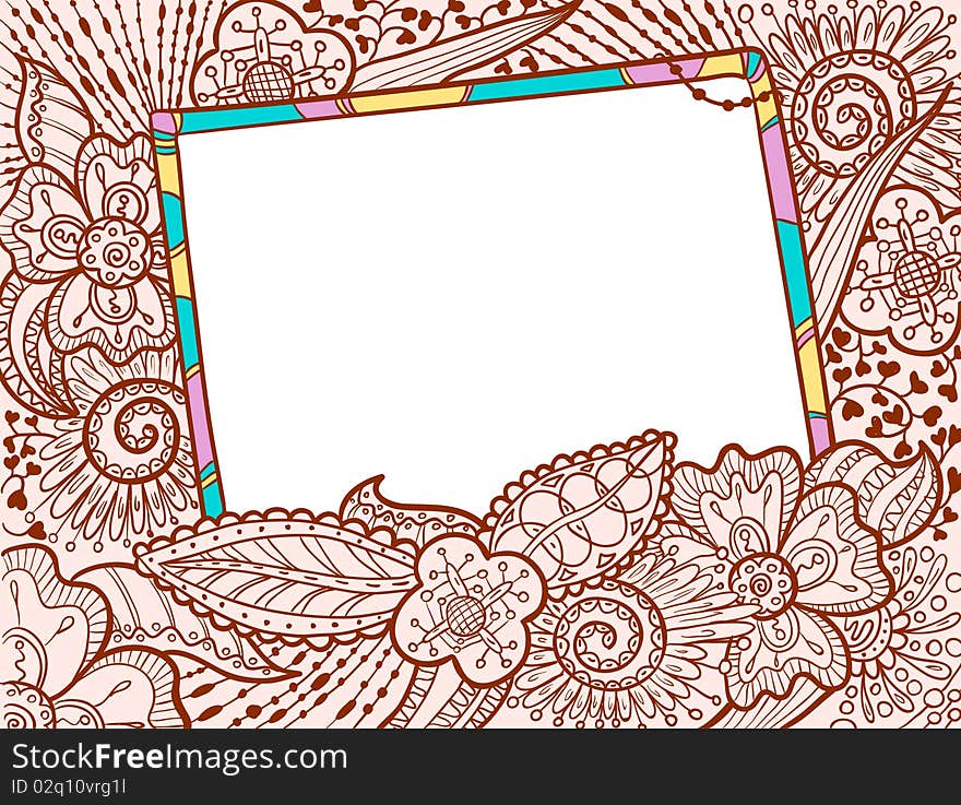 Hand drawn doodle color frame decorate by floral ornament