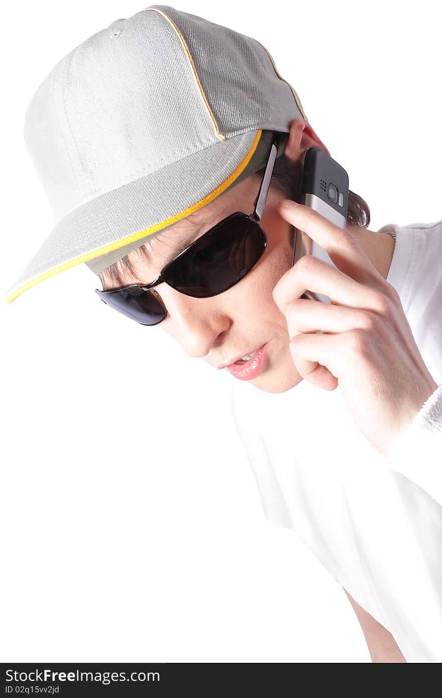 Closeup young man, calling by cellphone (on white background, isolated)