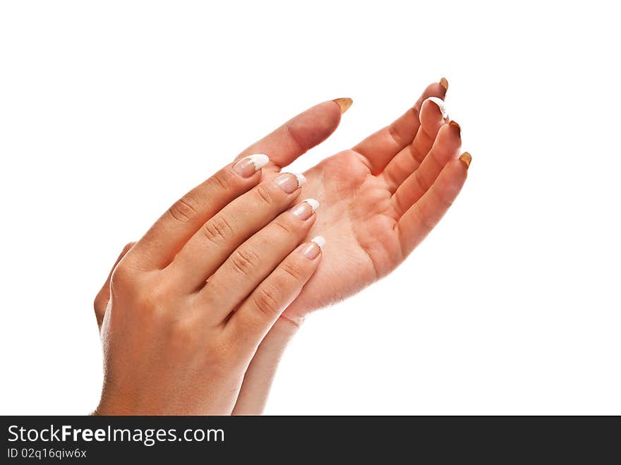 Girl's hands with perfect nail manicure isolated on white