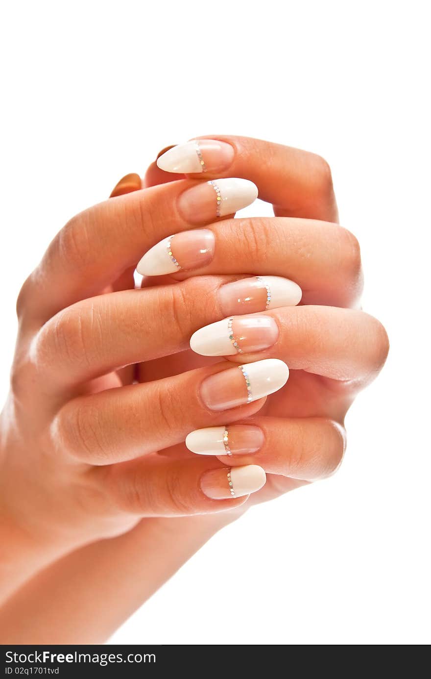 Girl's hands with perfect nail manicure isolated on white background