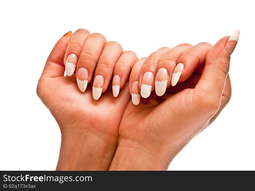 Girl's hands with perfect nail manicure isolated on white