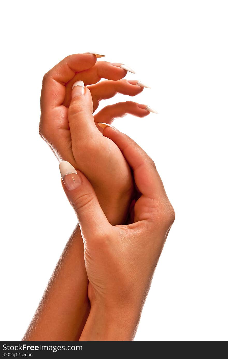 Female hand isolated on white background. Studio shot. Female hand isolated on white background. Studio shot