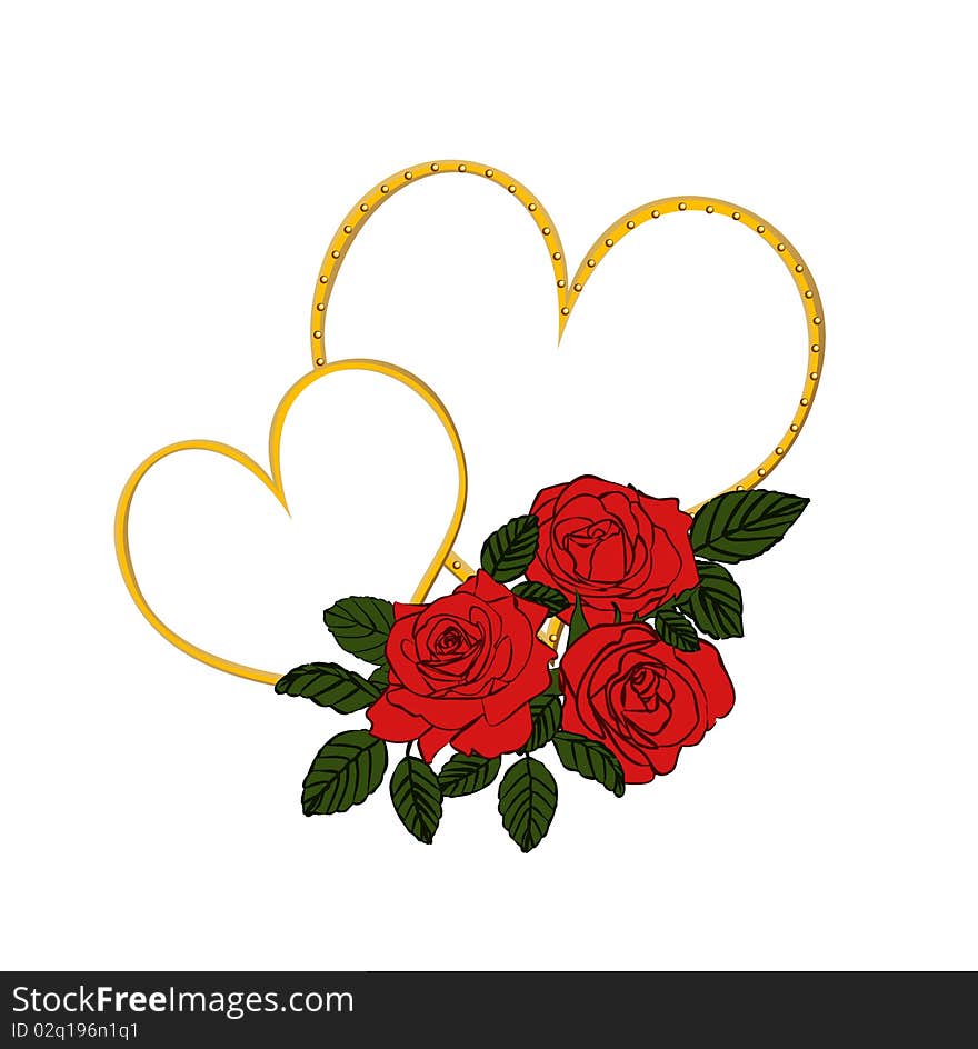 Two hearts in the golden frame with red roses. Two hearts in the golden frame with red roses