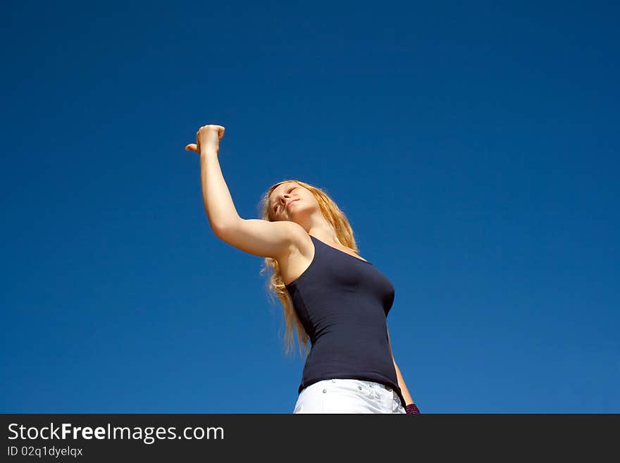 young woman hitch-hike, outside. young woman hitch-hike, outside