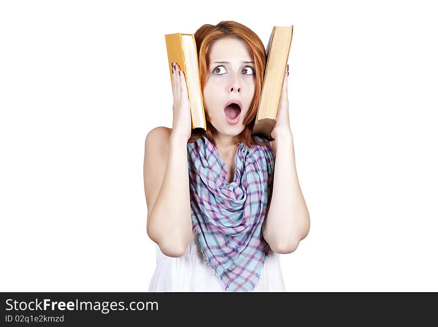 Young student with two book and headache.