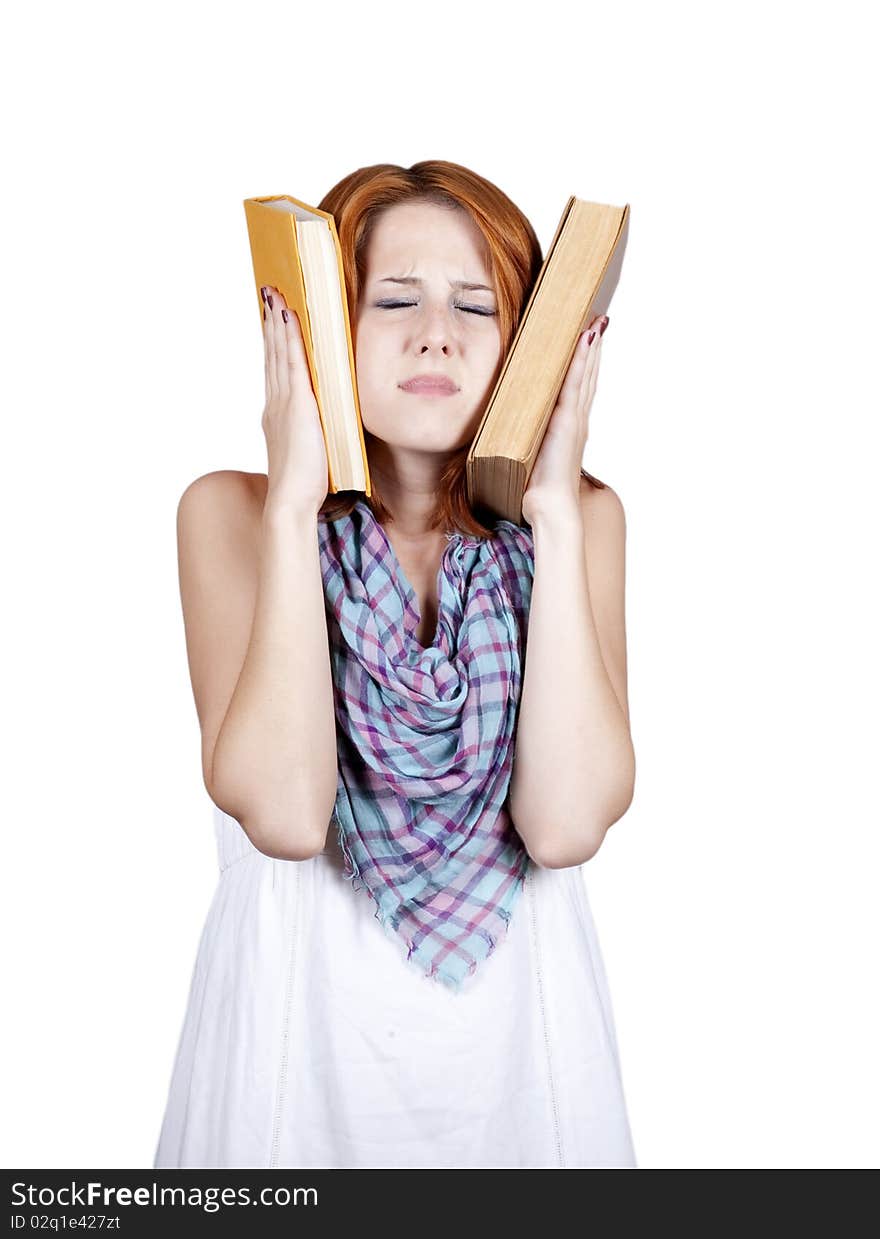 Young student with two book and headache.