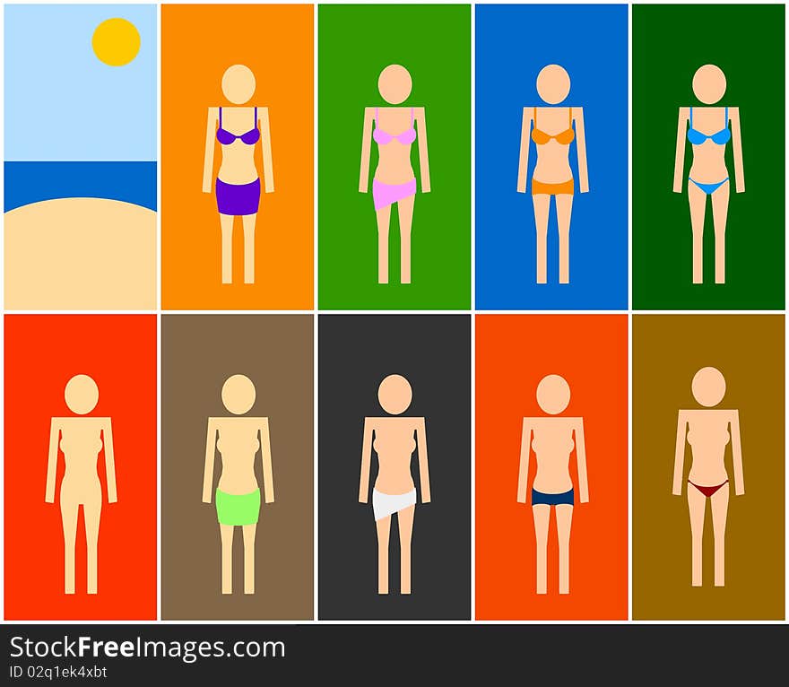 Symbols of women with different beach clothing. Symbols of women with different beach clothing