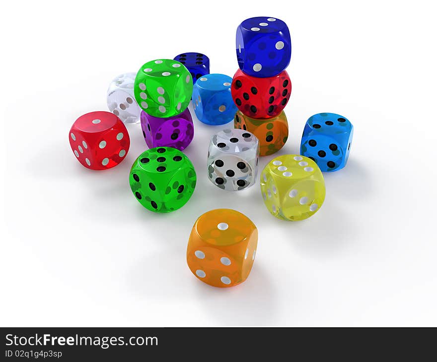 Dice, plastic colored with white background. Dice, plastic colored with white background