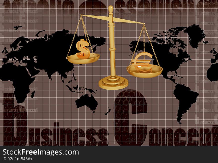 Digital illustration of balancing scale  euro and dollar dollar in frond of world map in color background. Digital illustration of balancing scale  euro and dollar dollar in frond of world map in color background