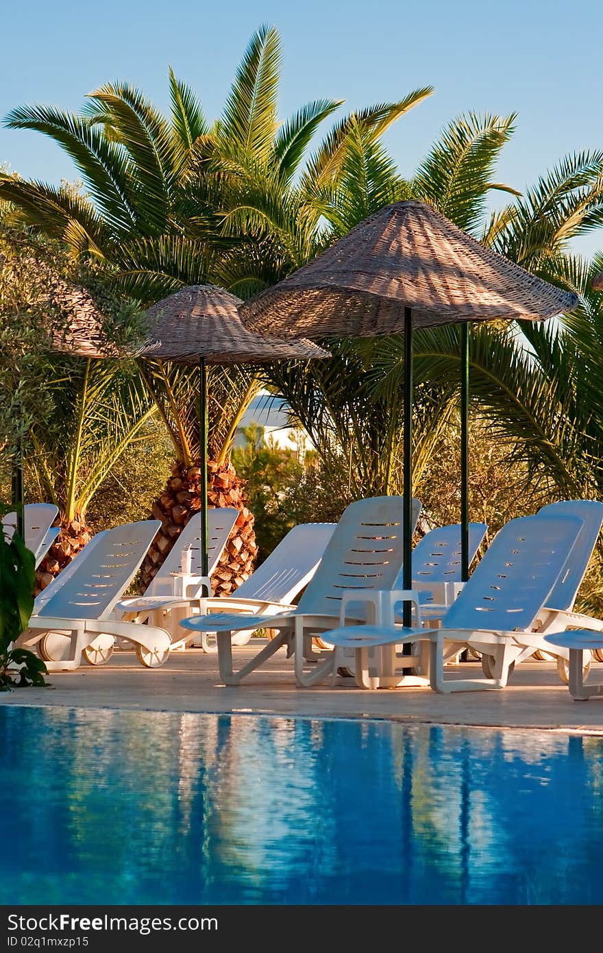 Chaise longues under beach umbrellas near the swimming pool