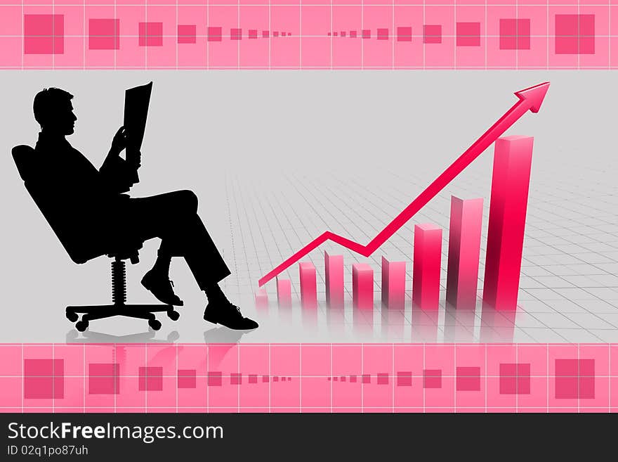 Digital illustration of business man and graph in frond of world