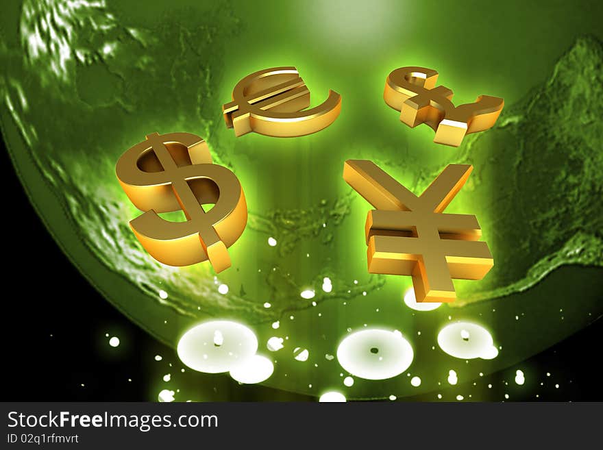 Digital illustration of world and world currency in color background