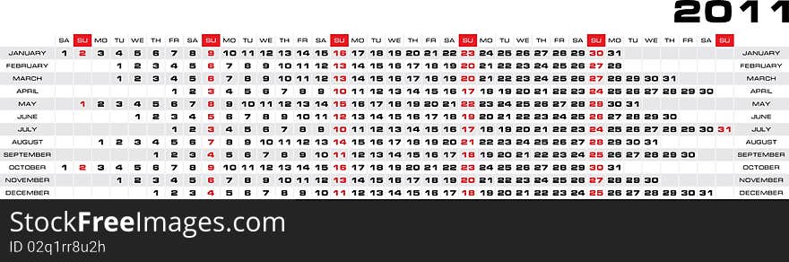 Vector 2011 year calendar. Month in a column, weekdays aligned horizontally