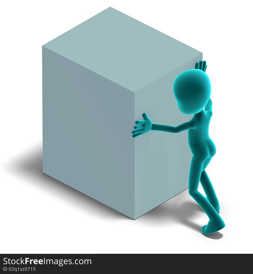 Symbolic 3d male toon character push a big box