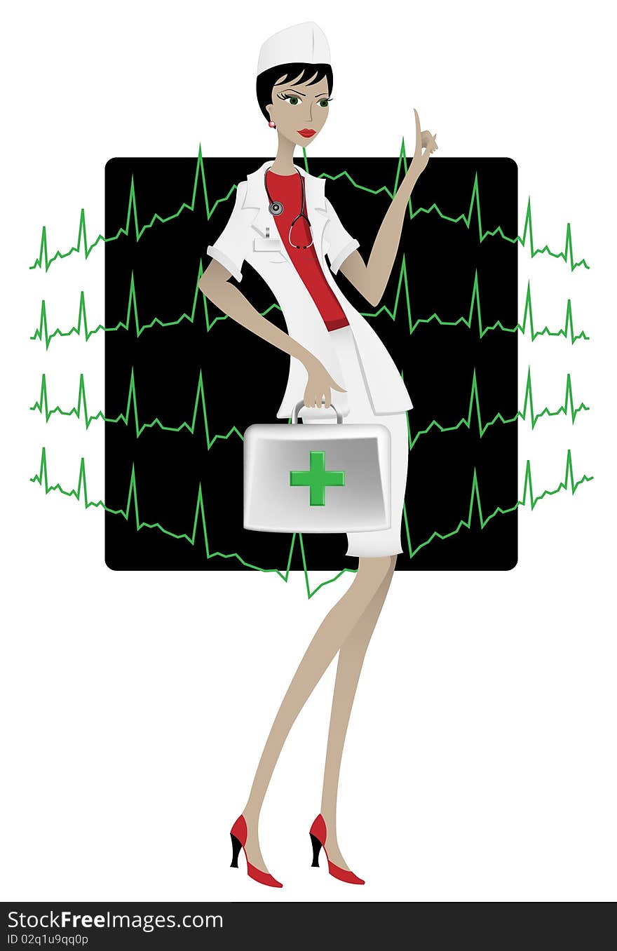 Beautiful doctor woman dressed in white coat, with suitcase, talking about EKG