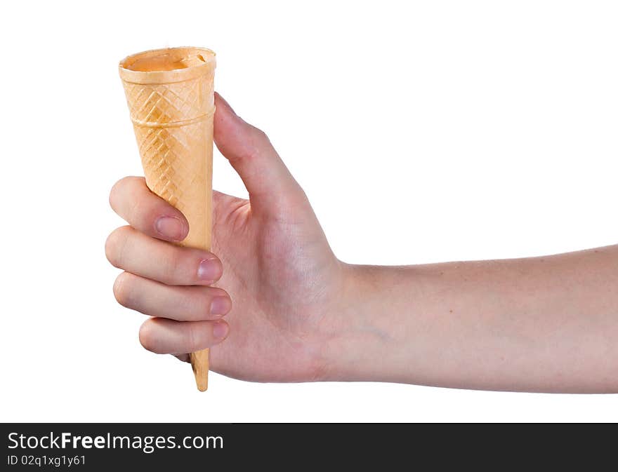 Empty ice cream cone in hand isolated on white. Empty ice cream cone in hand isolated on white