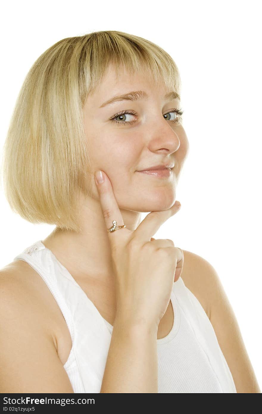 Young woman smiling on white background. Young woman smiling on white background