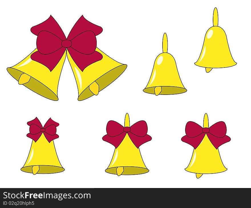 Golden bells with red bows isolated on white background