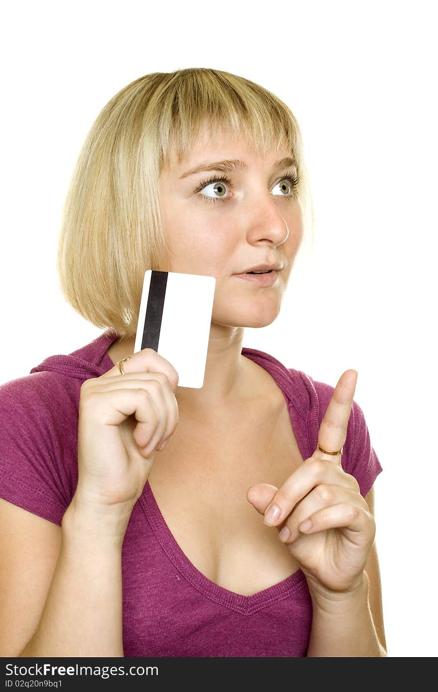 Portrait of a beautiful woman holding a blank credit card on white background. Portrait of a beautiful woman holding a blank credit card on white background