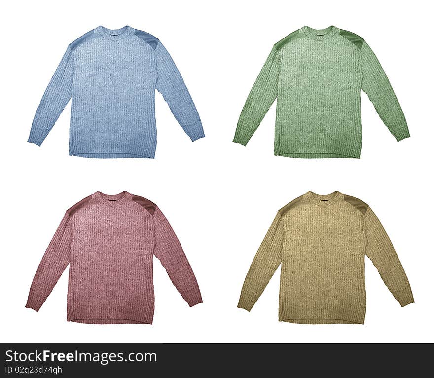 Four sweaters of different color isolated over white background