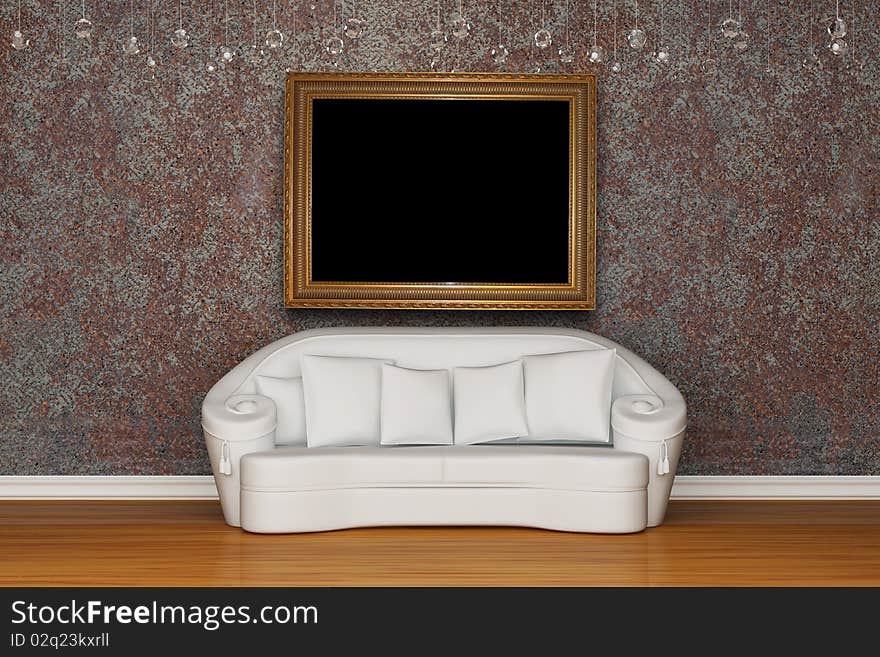 White sofa with antique frame in rusty interior