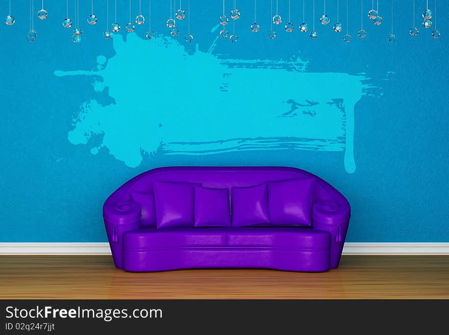 Alone purple sofa with splash banner in blue room