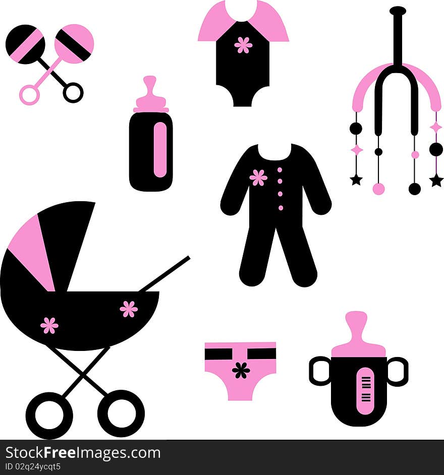 Baby set of toys and clothing, vector illustration