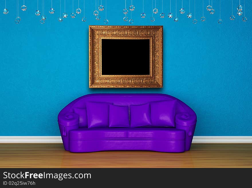 Alone purple sofa with picture frame in blue room