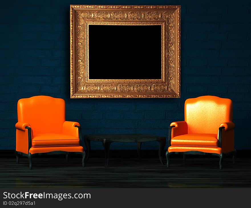 Two orange chairs and wood table with empty frame