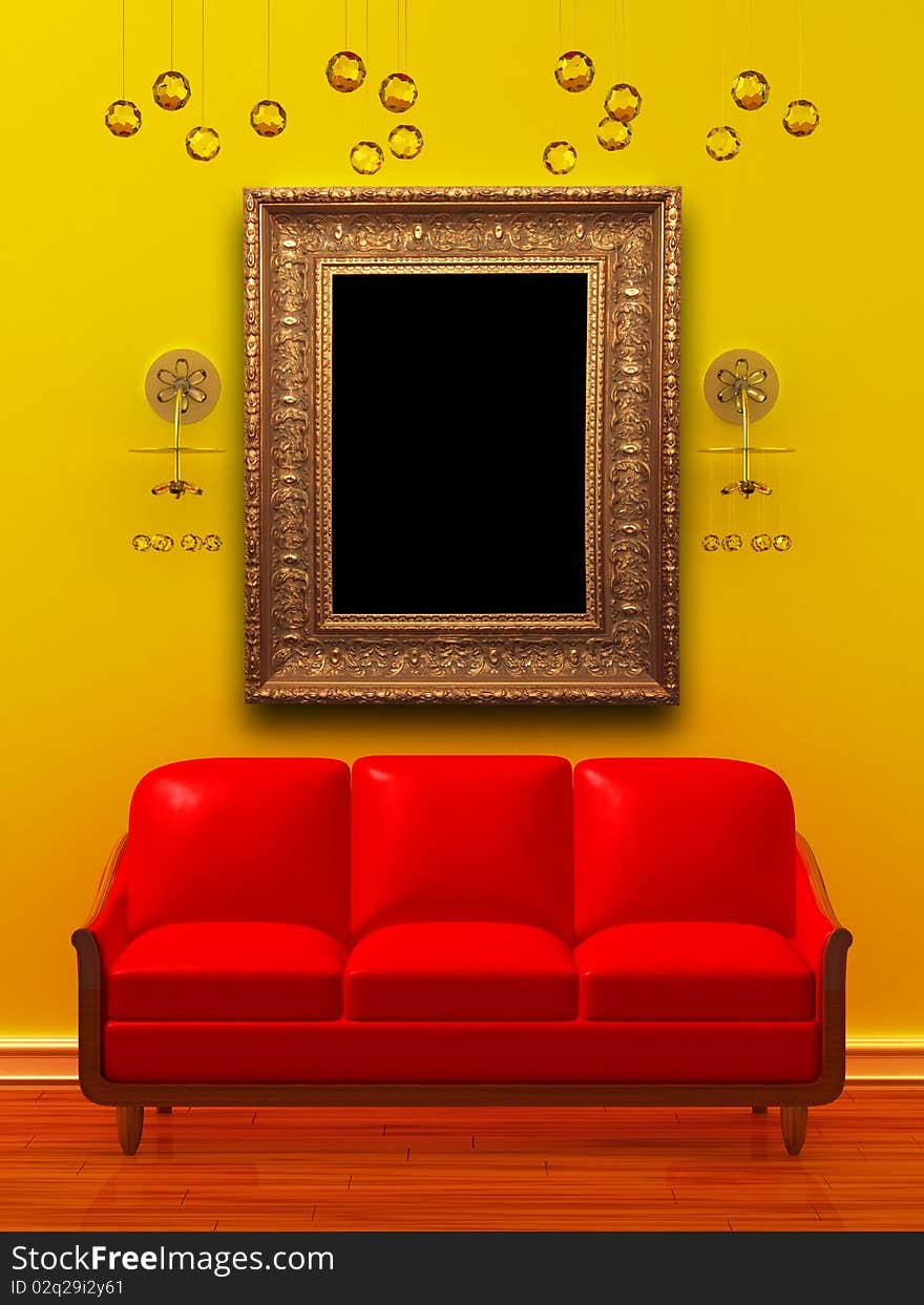 Red couch with empty frame and sconces