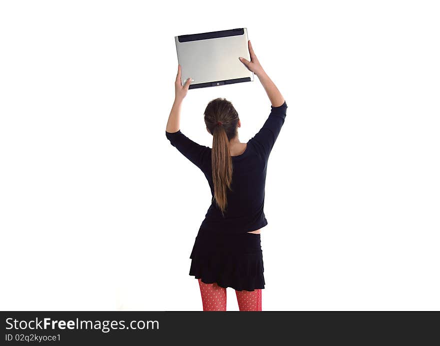 Smiling elderly senior woman with laptop at home