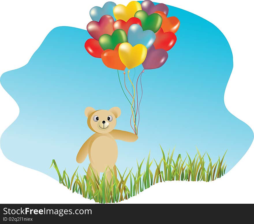 Editable vector illustration with teddy bear holding colorful balloons