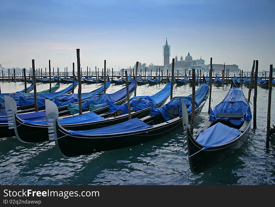 Gondolas in front of the Doge's Palace, Venice, Italy