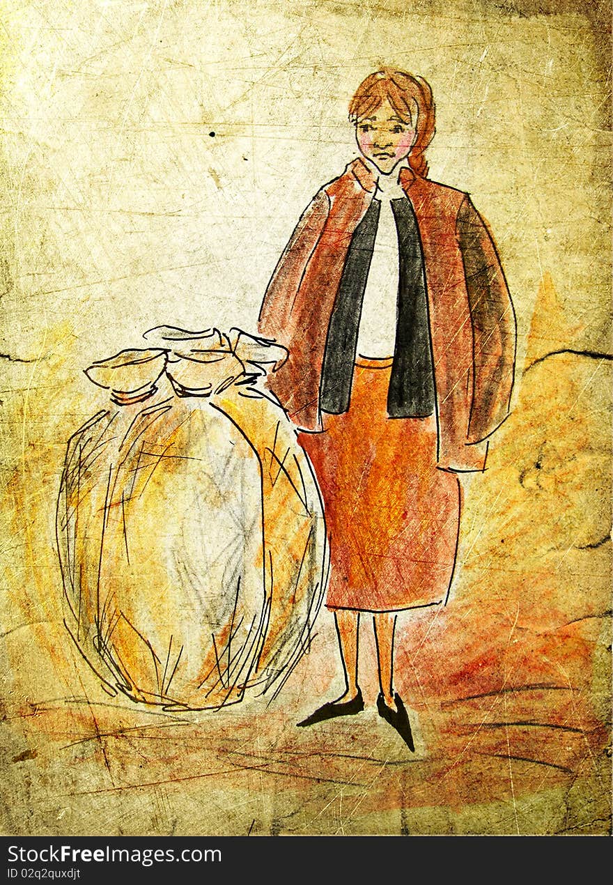 Countrywoman with sacks