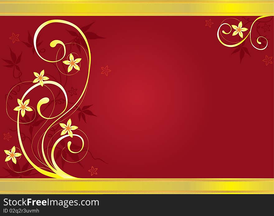 Red background with decorative curls, leaves and yellow flowers. Red background with decorative curls, leaves and yellow flowers