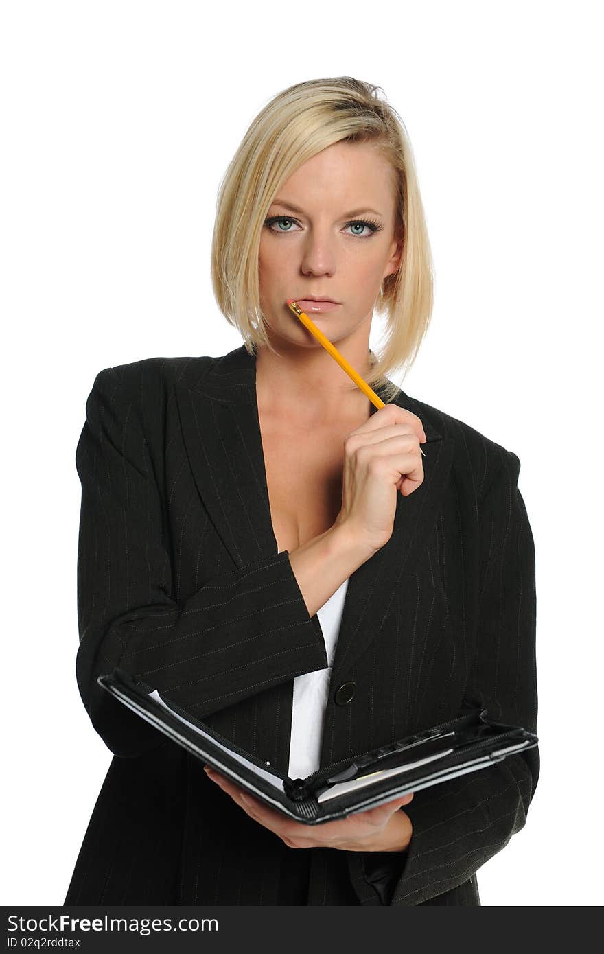 Businesswoman holding a portfolio and a pencil isolated on a white background. Businesswoman holding a portfolio and a pencil isolated on a white background