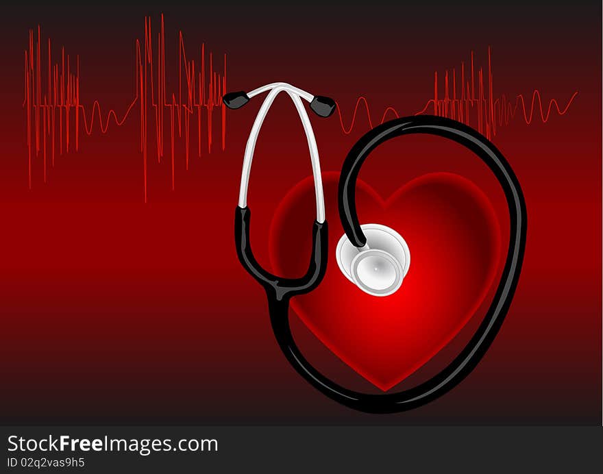 The cardiogram of red color on red background with heart