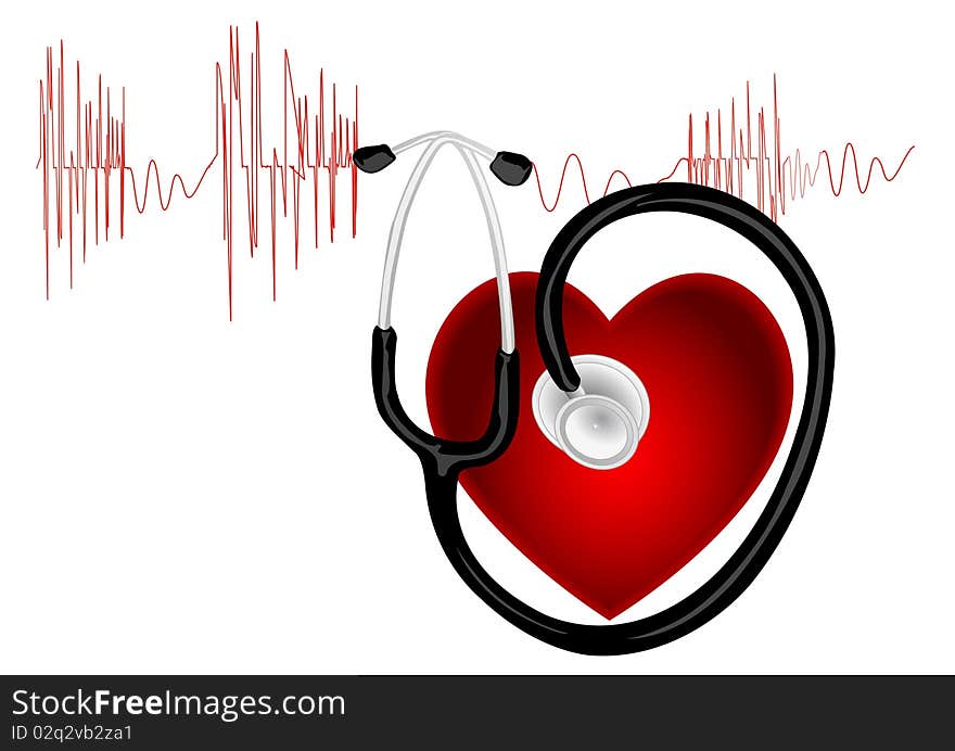 The cardiogram of red color onwhite background with heart